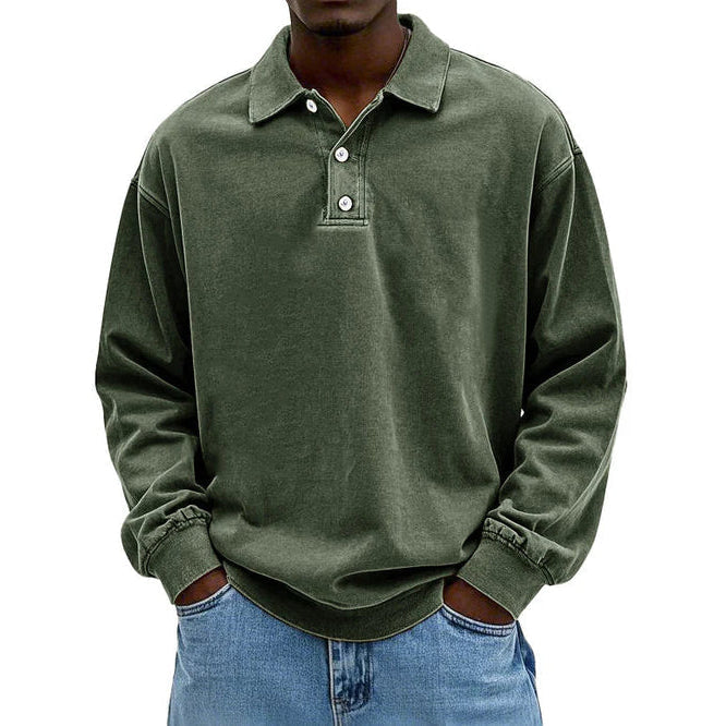 Men's Long Sleeve Polo Sweatshirt, Army Green – front view