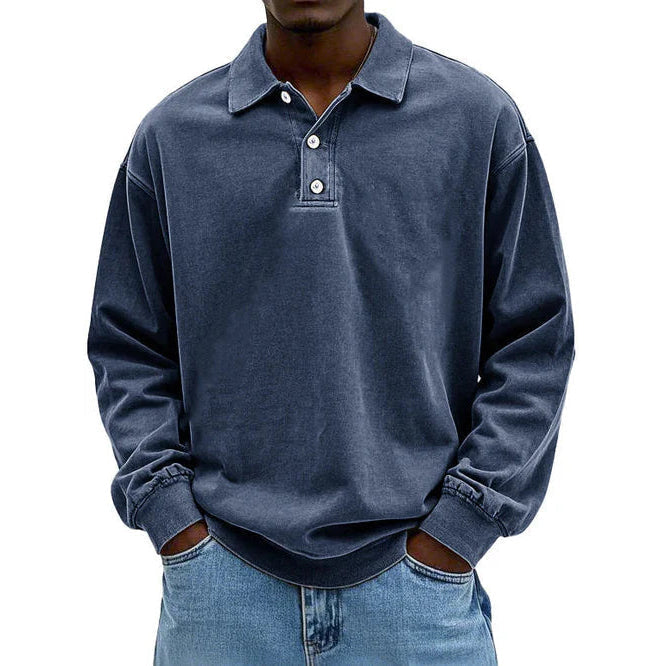 Men's Long Sleeve Polo Sweatshirt, Navy Blue – front view