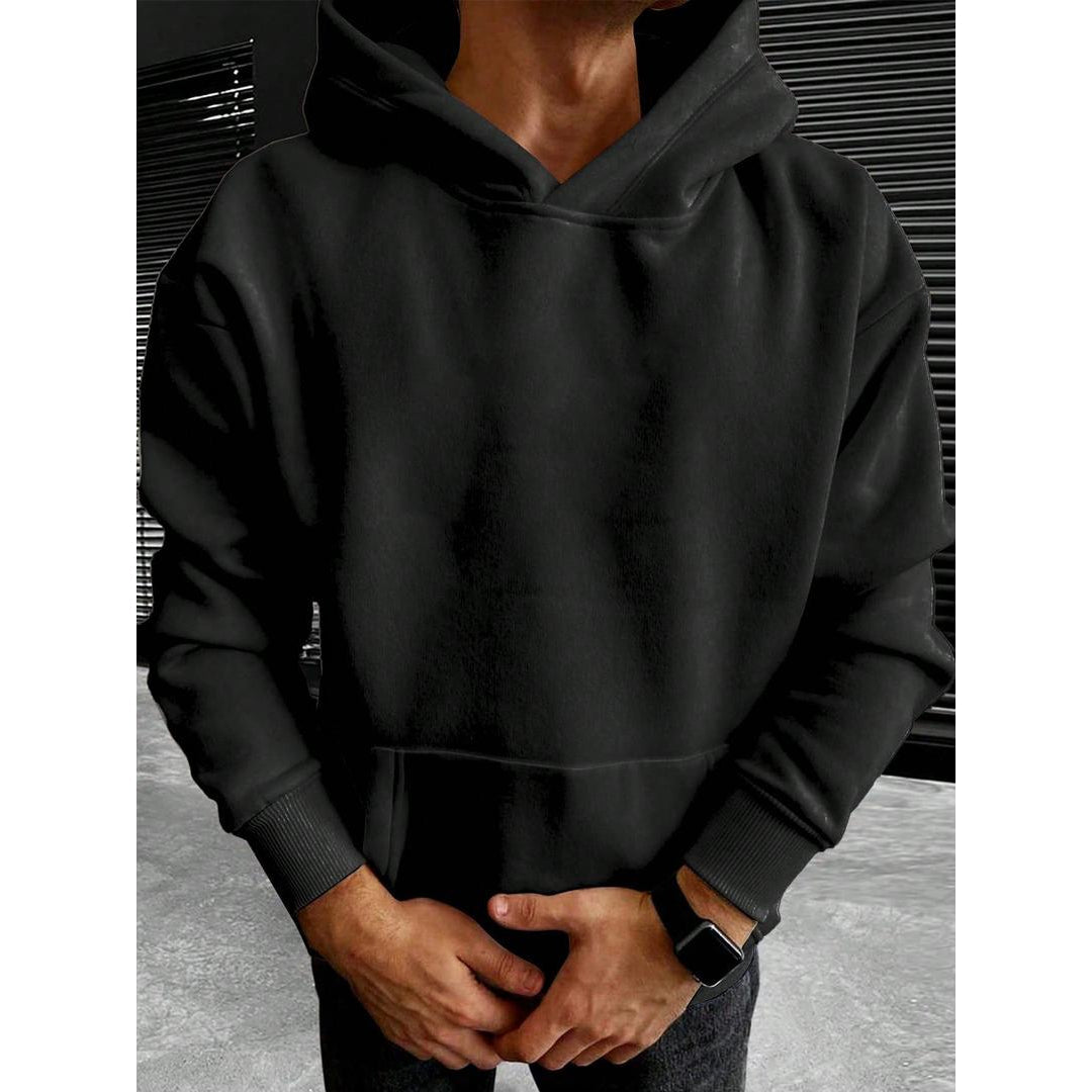 Men's Oversized Hoodie with Kangaroo Pocket, Black – close-up front view