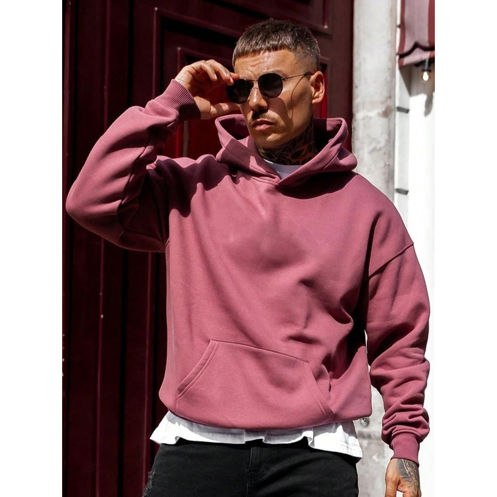 Men's Oversized Hoodie with Kangaroo Pocket, Dark Pink – front view
