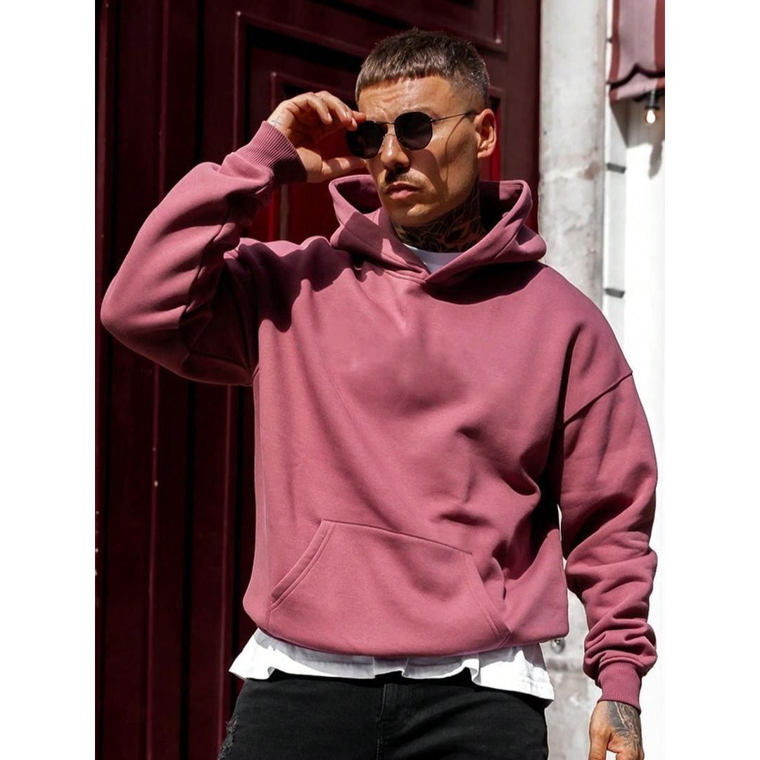 Men's Oversized Hoodie with Kangaroo Pocket, Dark Pink – front view