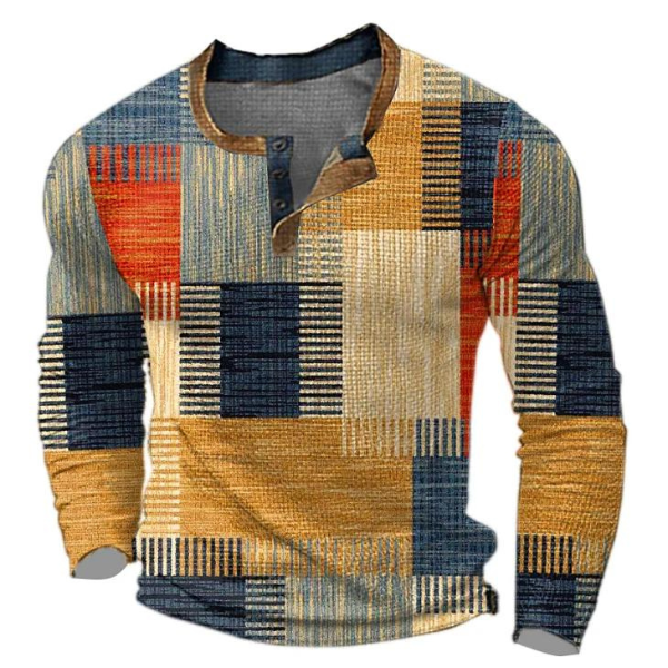 Men's Patchwork Print Henley Pullover, Orange – front view