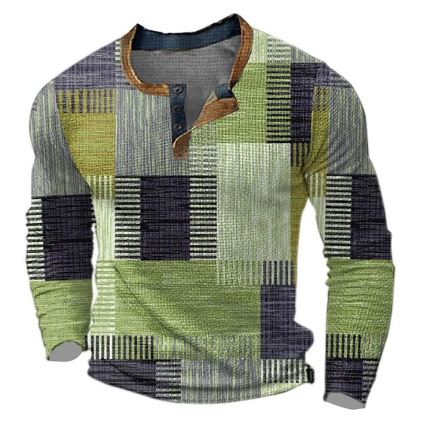 Men's Patchwork Print Henley Pullover, Green – front view