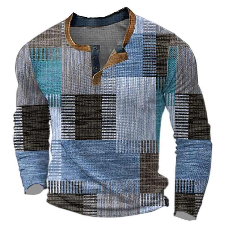 Men's Patchwork Print Henley Pullover, Blue – front view