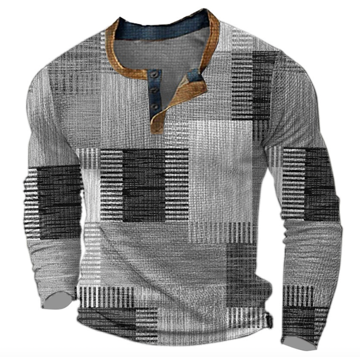 Men's Patchwork Print Henley Pullover, Gray – front view