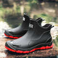 Men's Pull-On Rain Ankle Boots, Black Red – front view