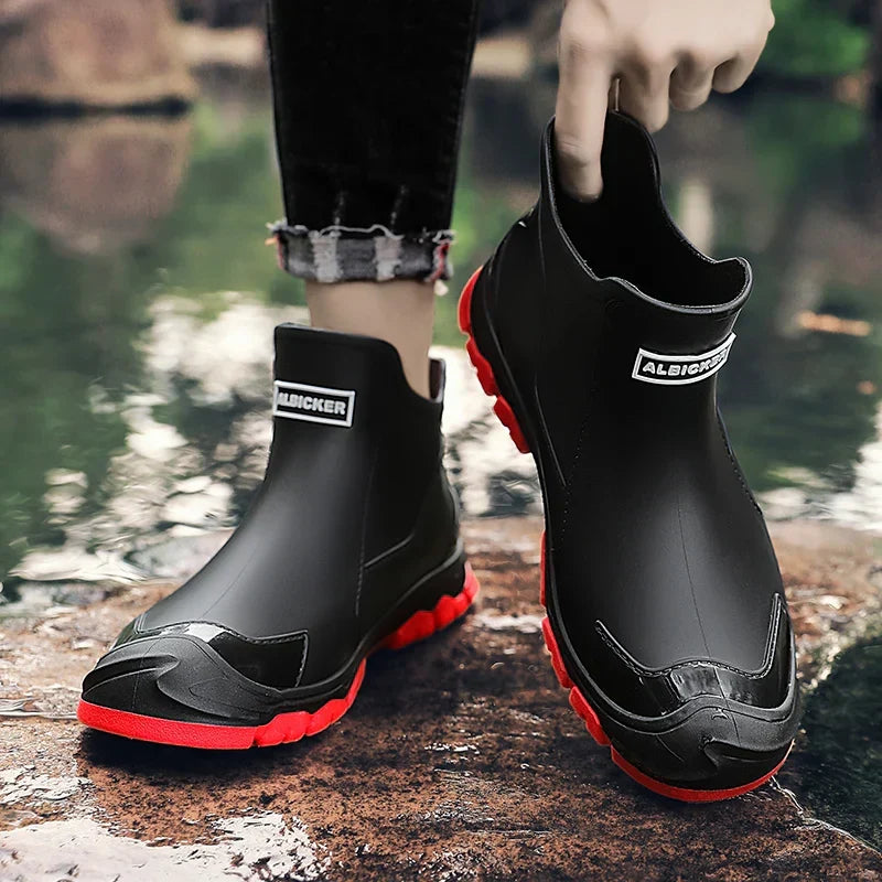 Men's Pull-On Rain Ankle Boots, Black – on foot view