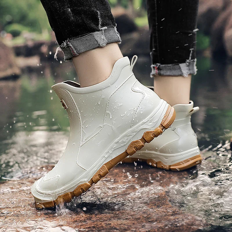 Men's Pull-On Rain Ankle Boots, Beige – on foot view