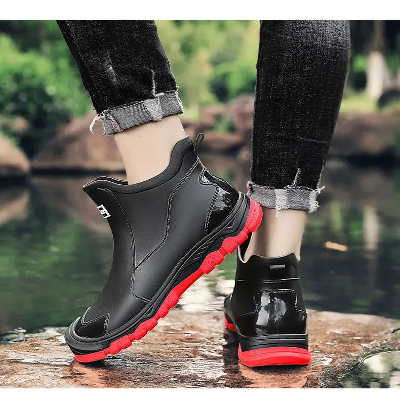 Men's Pull-On Rain Ankle Boots, Black red – on foot view