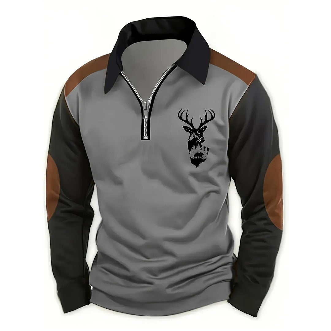 Men's Quarter Zip Sweater with Elbow Patches, Gray – front view