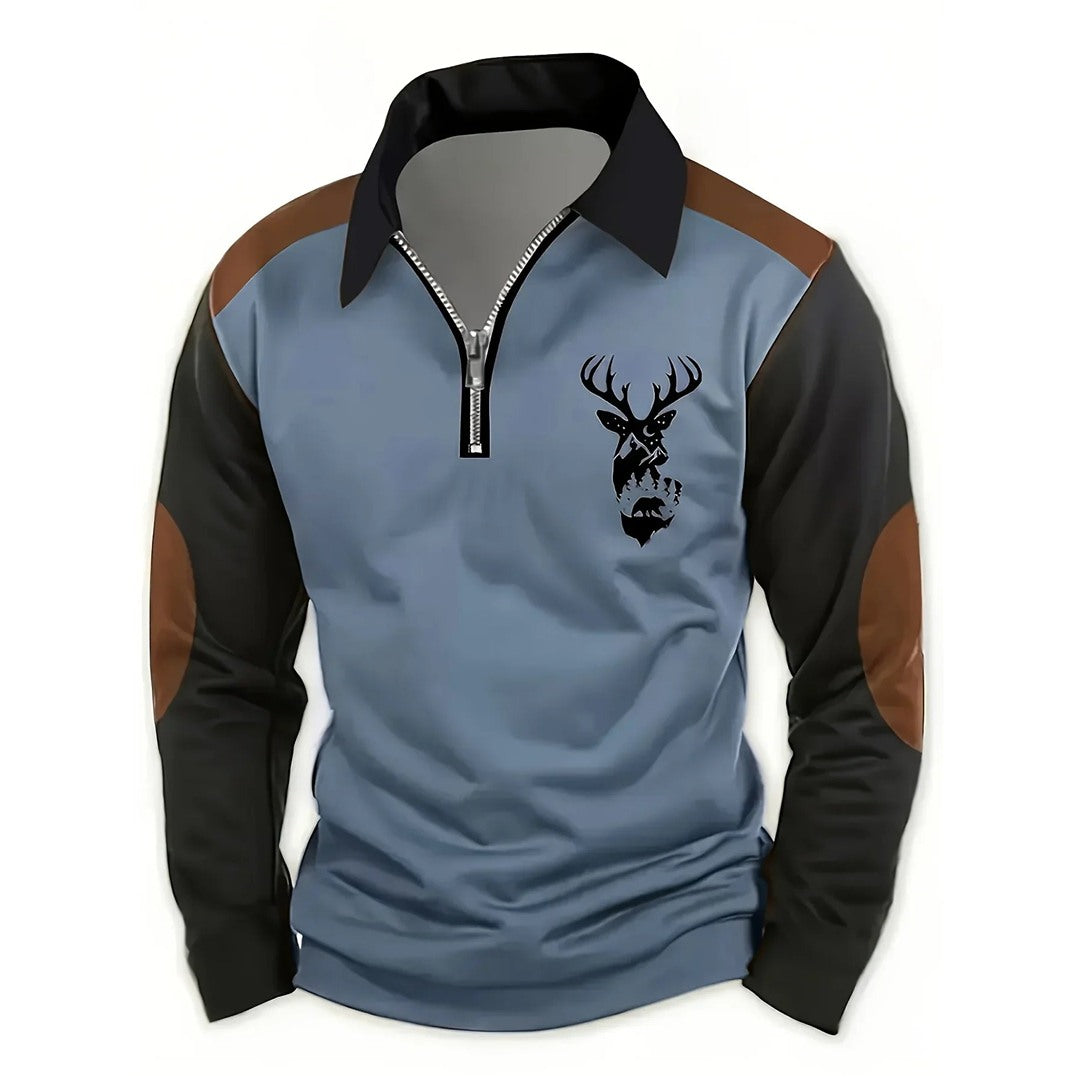 Men's Quarter Zip Sweater with Elbow Patches, Blue – front view