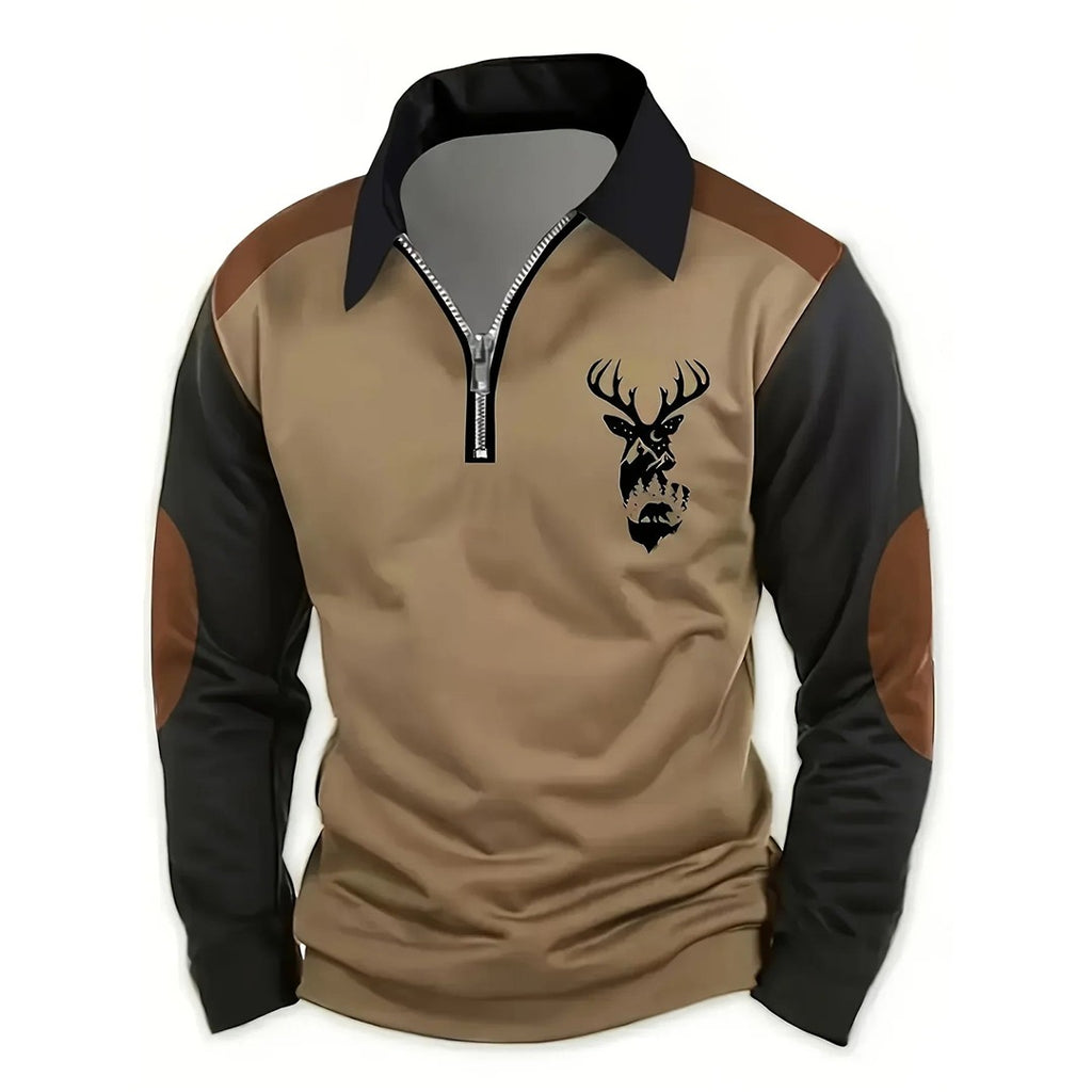 Men's Quarter Zip Sweater with Elbow Patches, Brown – front view