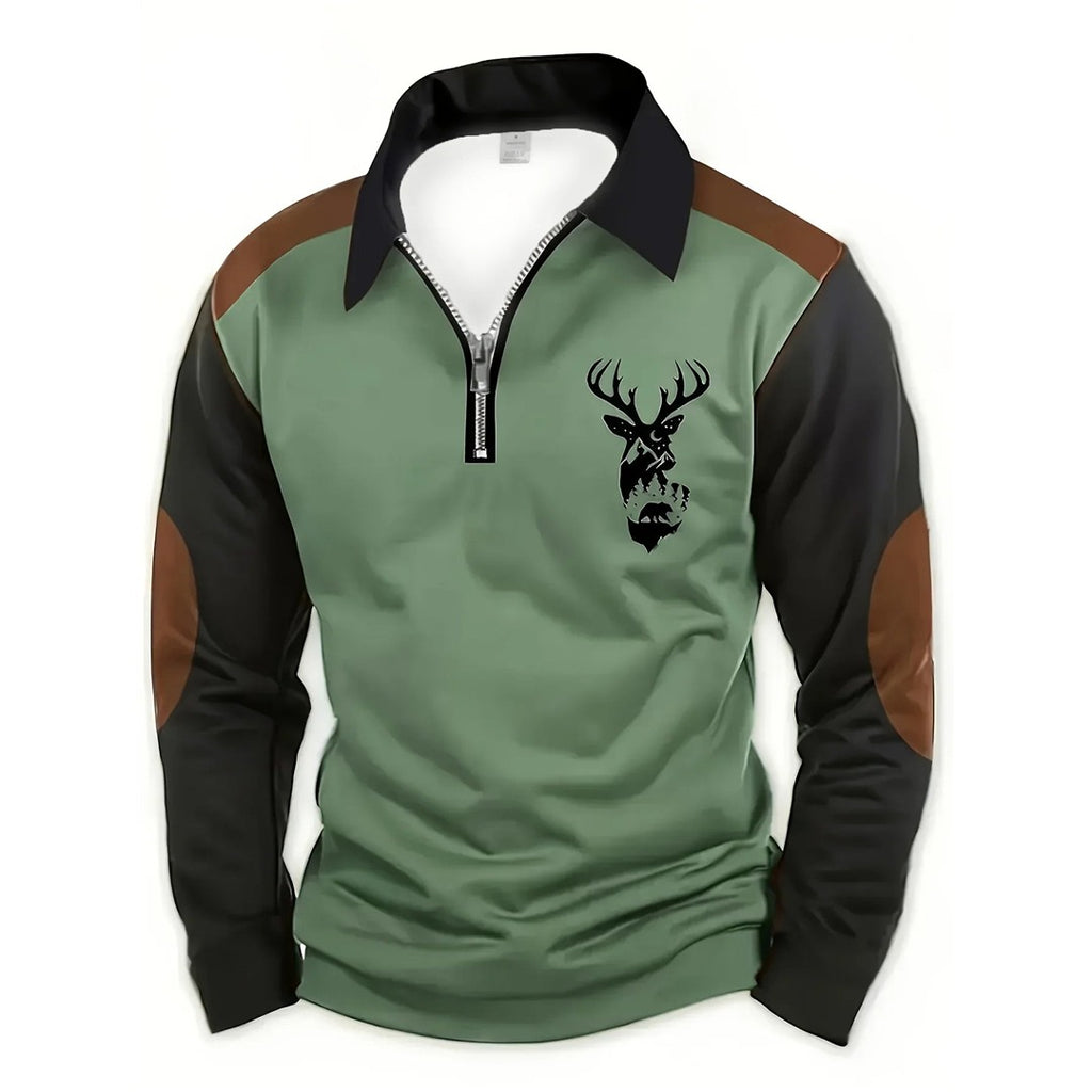 Men's Quarter Zip Sweater with Elbow Patches, Green – front view