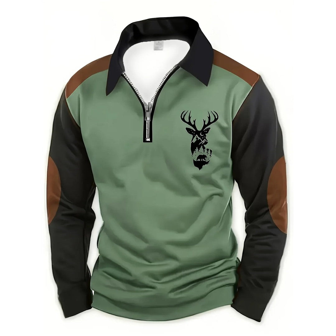 Men's Quarter Zip Sweater with Elbow Patches, Green – front view