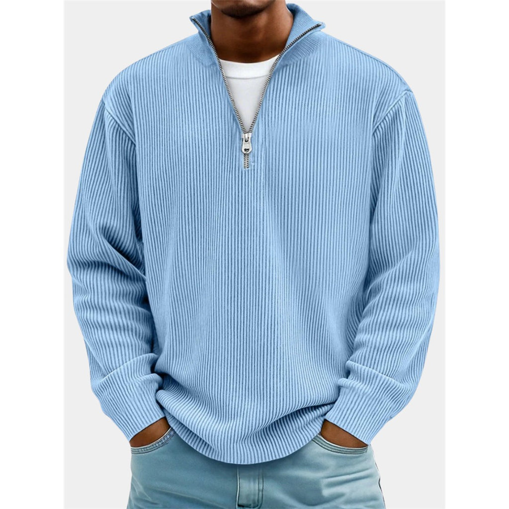 Men's Ribbed Quarter Zip Pullover, Light Blue – front view