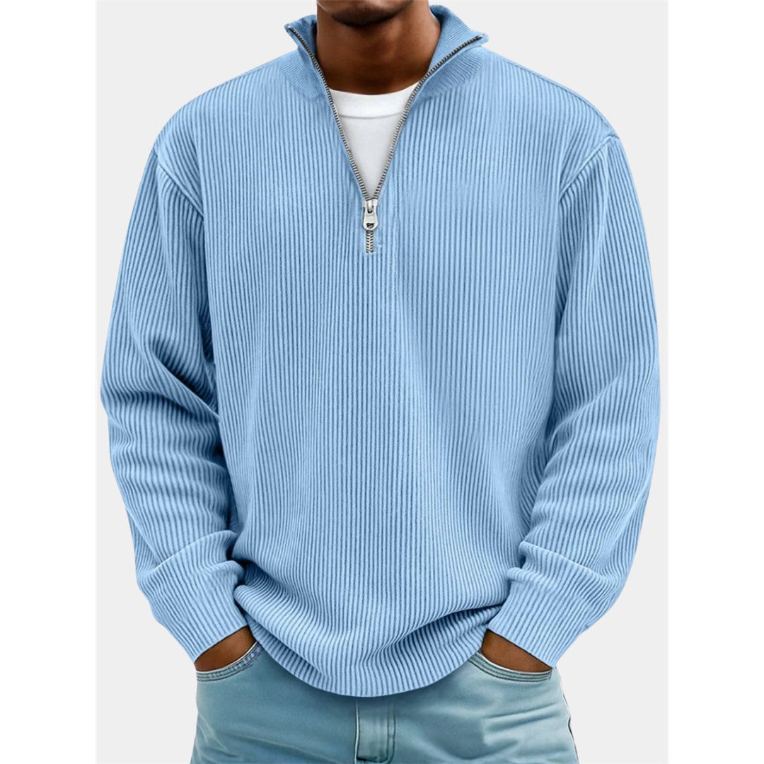 Men's Ribbed Quarter Zip Pullover, Light Blue – front view