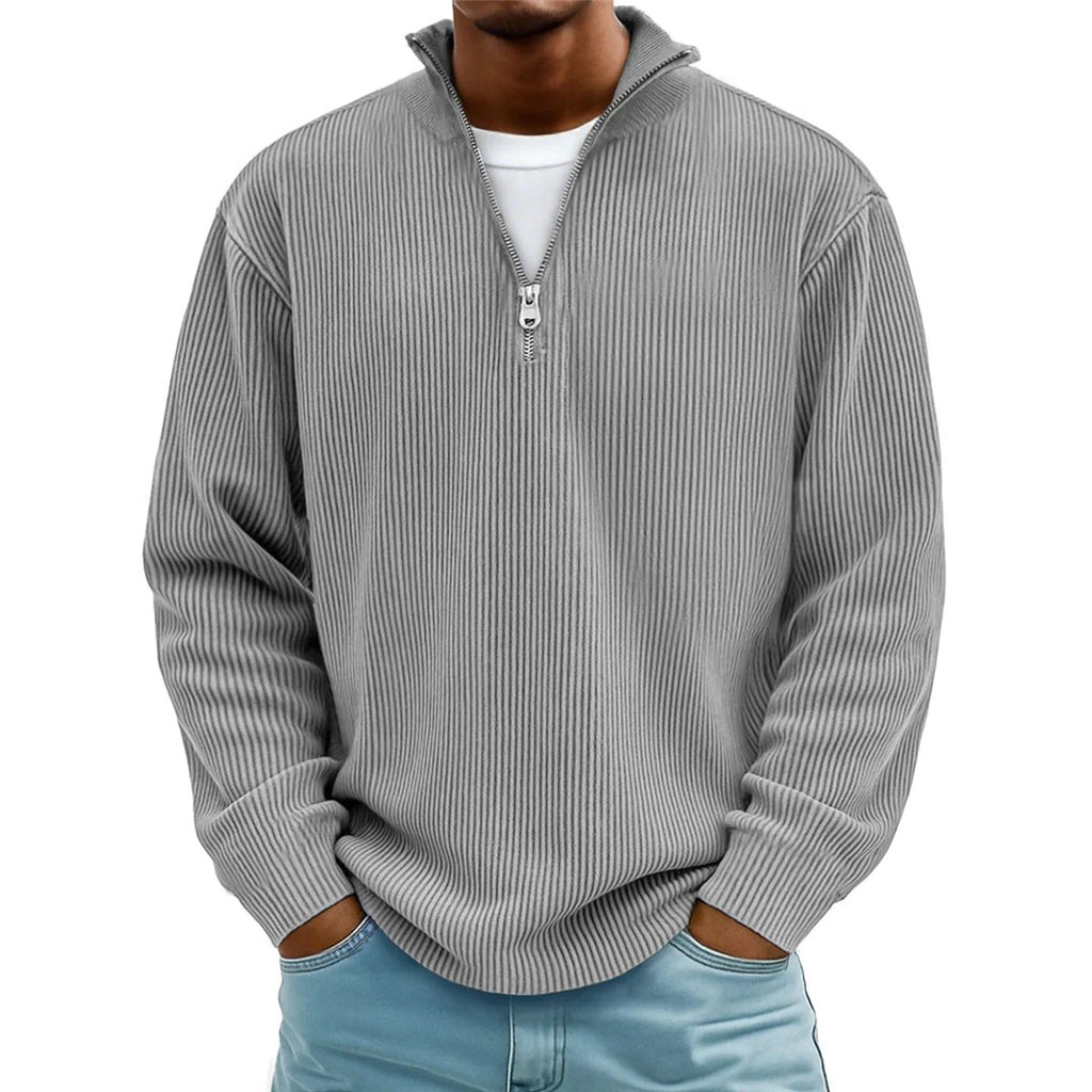 Men's Ribbed Quarter Zip Pullover, Gray – front view