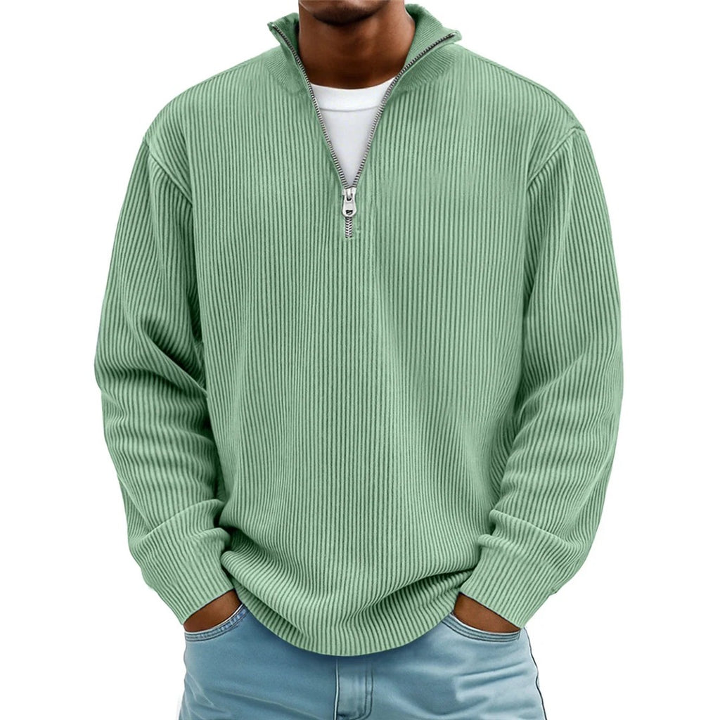 Men's Ribbed Quarter Zip Pullover, Sage Green – front view