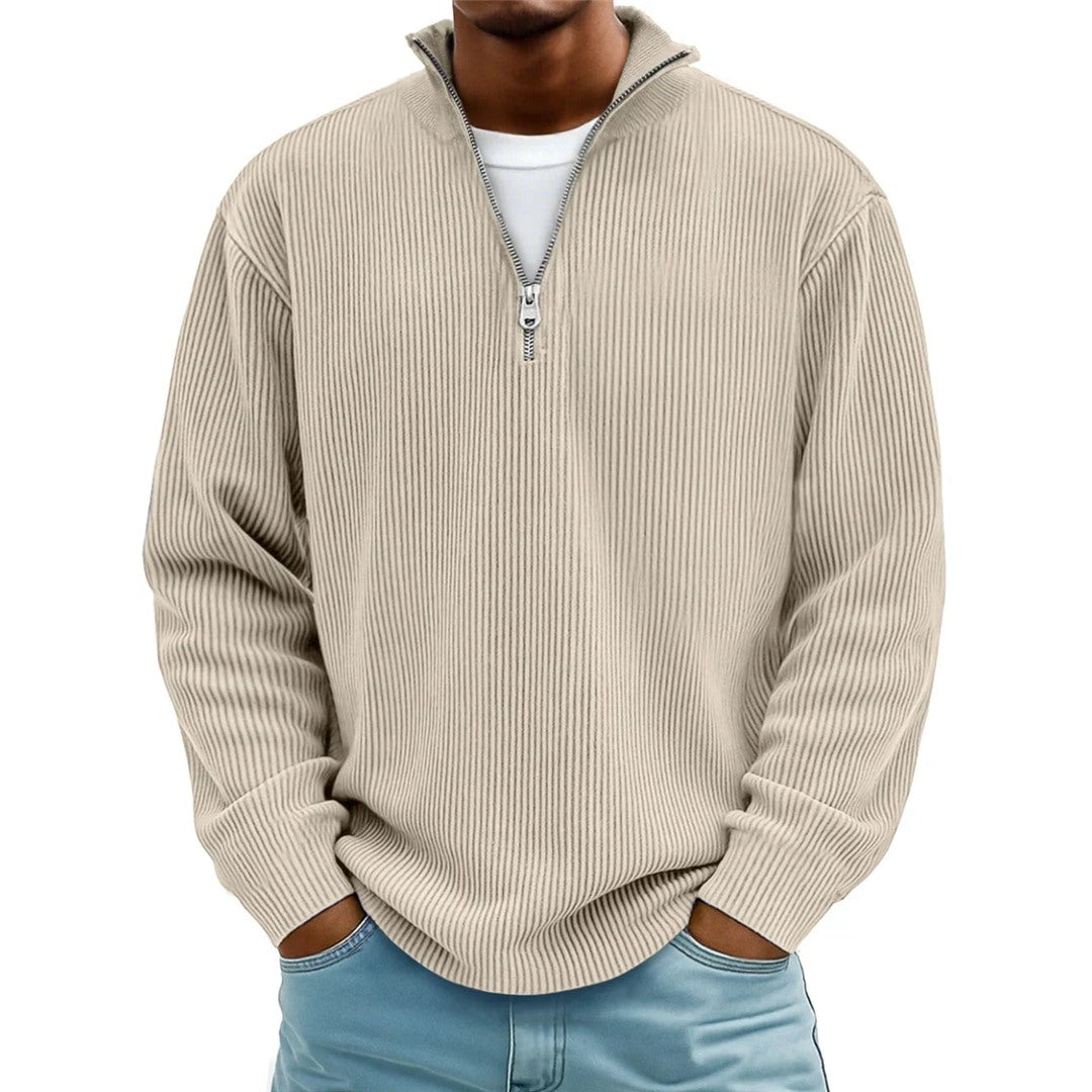 Men's Ribbed Quarter Zip Pullover, Beige – front view