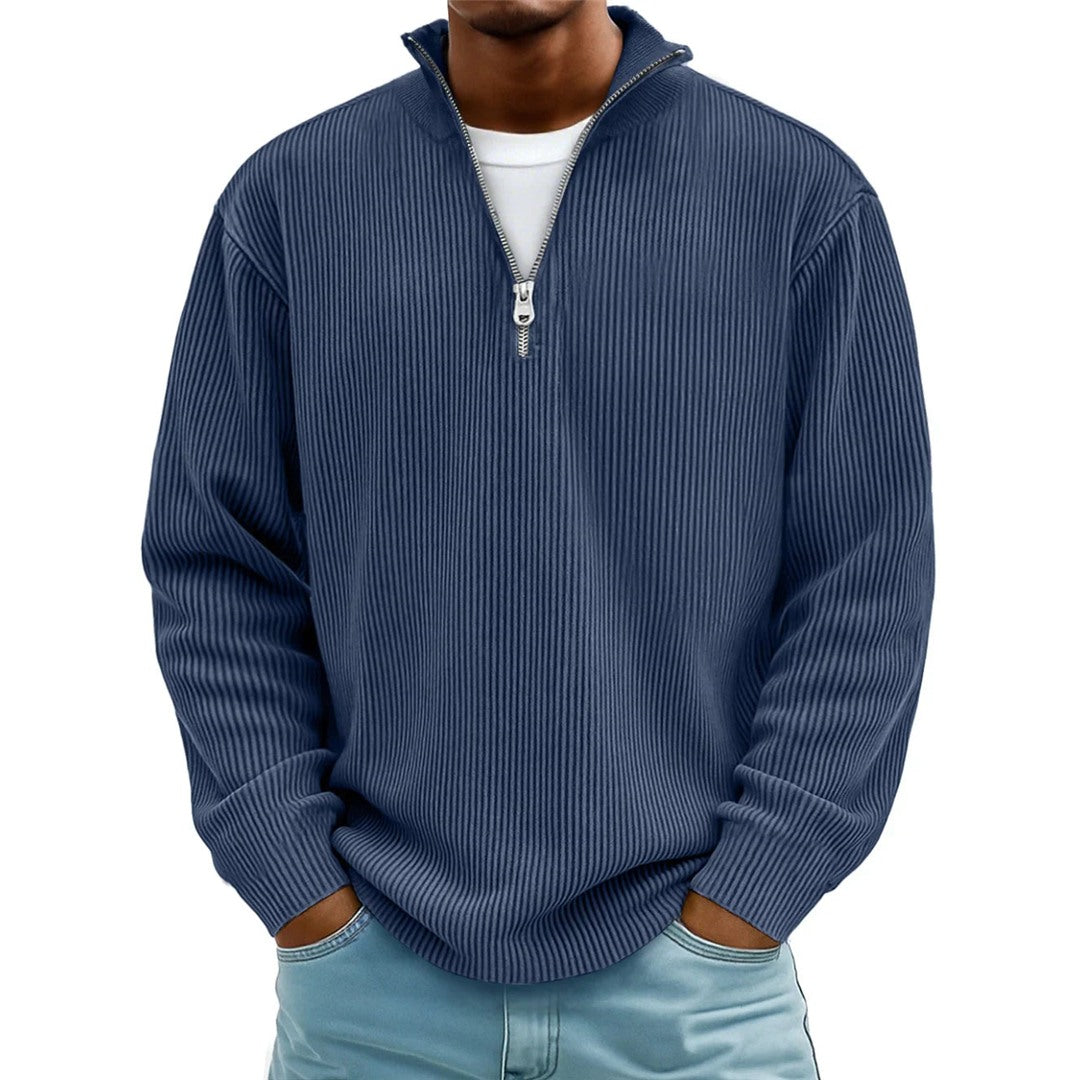Men's Ribbed Quarter Zip Pullover, Navy – front view