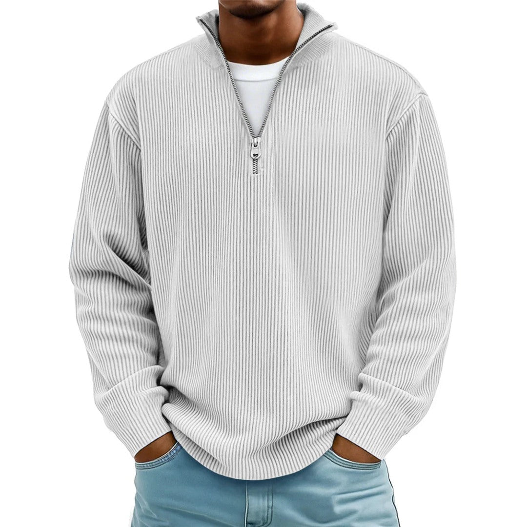 Men's Ribbed Quarter Zip Pullover, White – front view