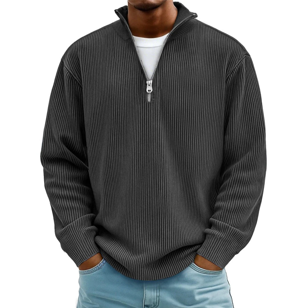 Men's Ribbed Quarter Zip Pullover, Black – front view
