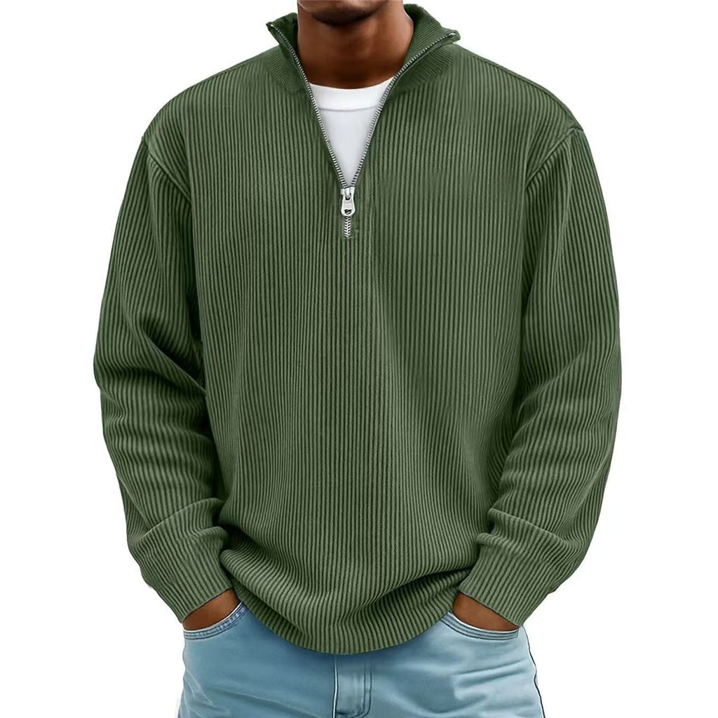 Men's Ribbed Quarter Zip Pullover, Olive Green – front view