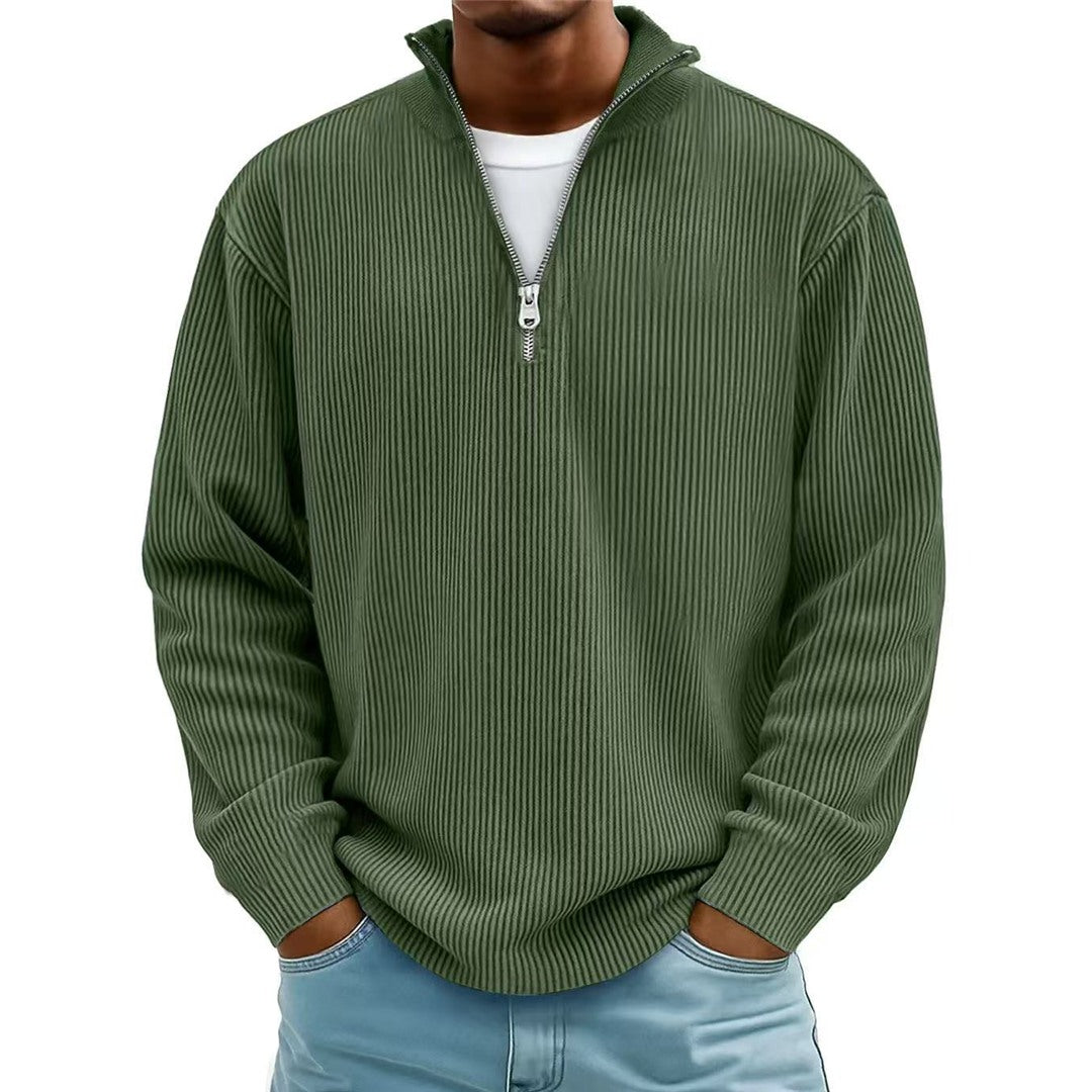 Men's Ribbed Quarter Zip Pullover, Olive Green – front view