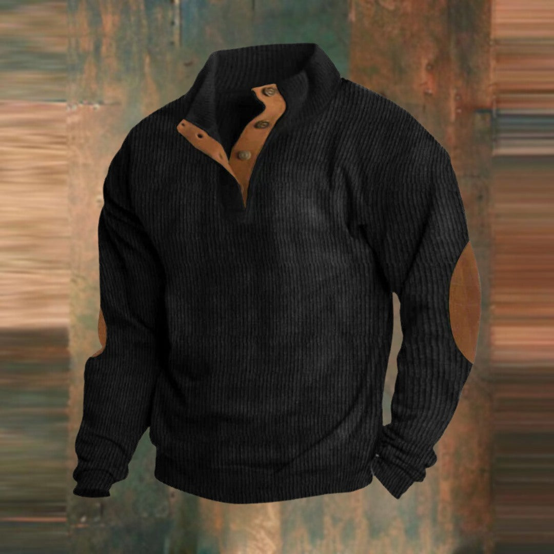 Men's Ribbed Stand Collar Sweater, Black – front view