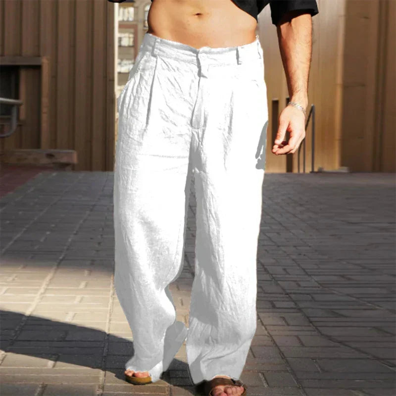 Men's Wide Leg Trousers with Pleats, White – front view