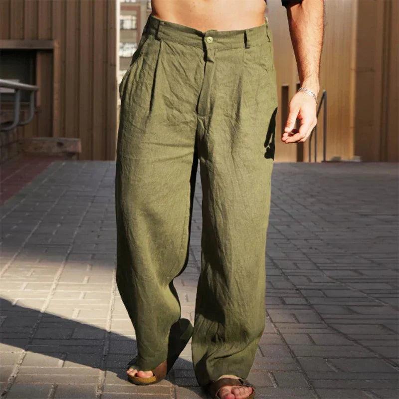Men's Wide Leg Trousers with Pleats, Green – front view