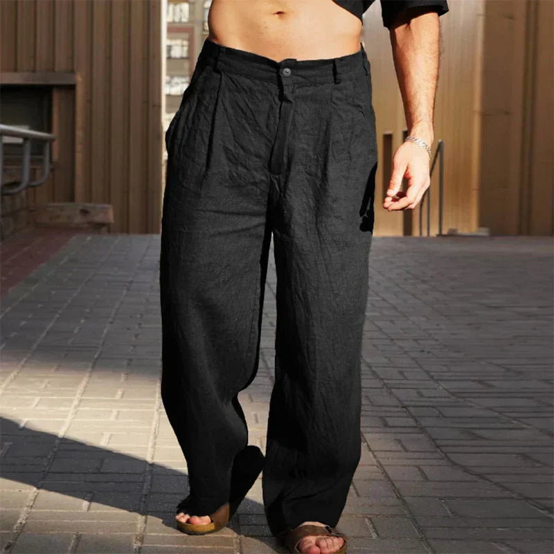 Men's Wide Leg Trousers with Pleats, Black – front view