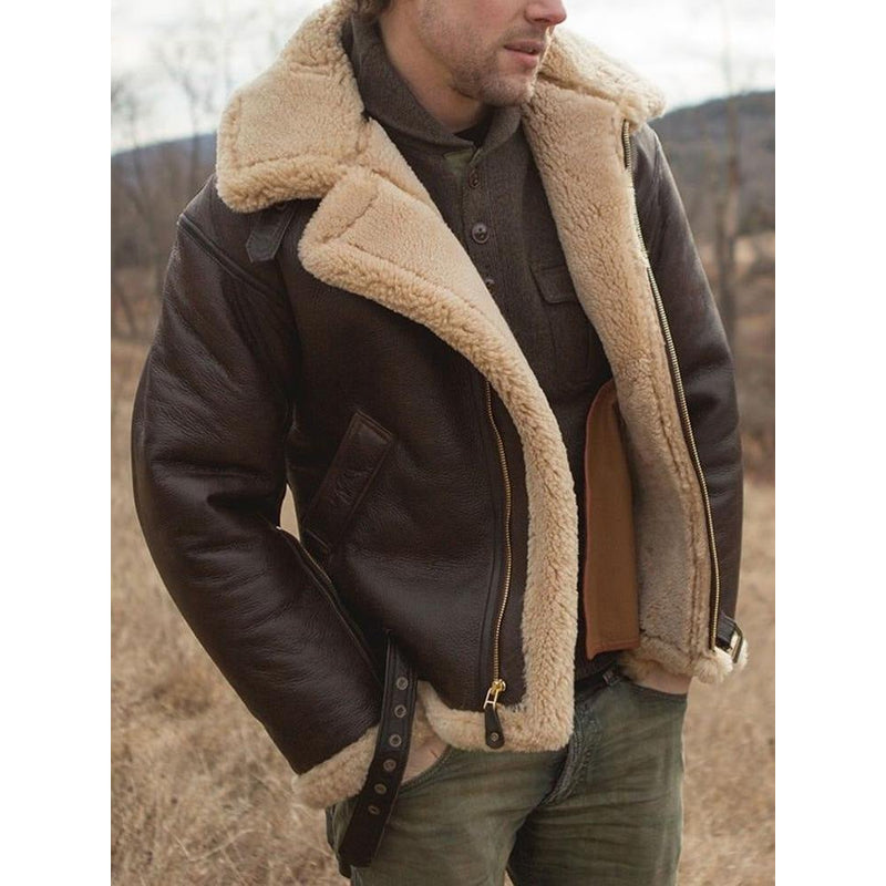 Man wearing a brown aviator jacket with plush collar