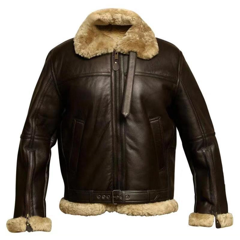 Brown aviator jacket with zip front, front view