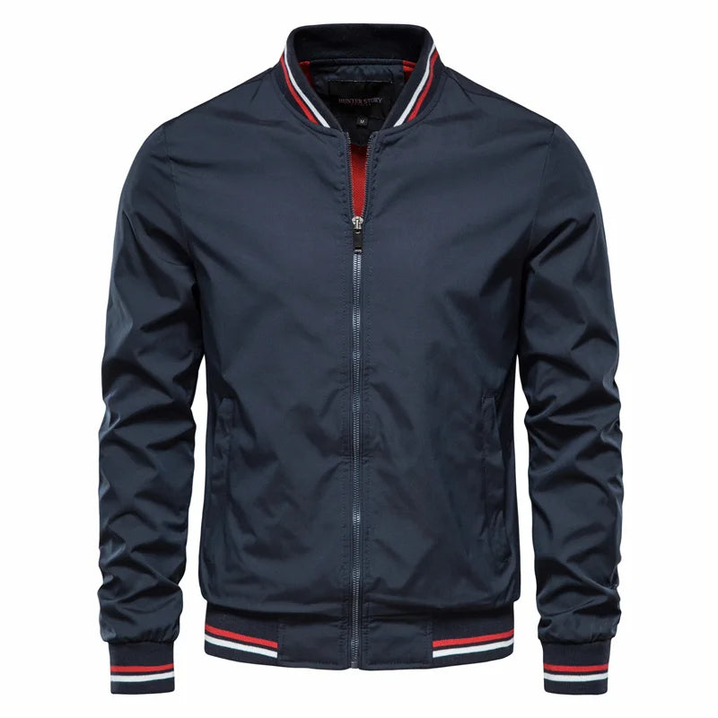 Men's Bomber Jacket with Striped Rib Trim in Navy Blue