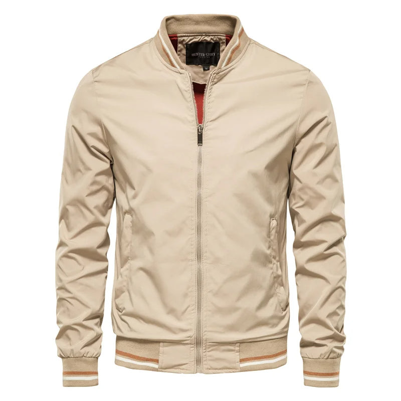 Men's Bomber Jacket with Striped Rib Trim in Khaki