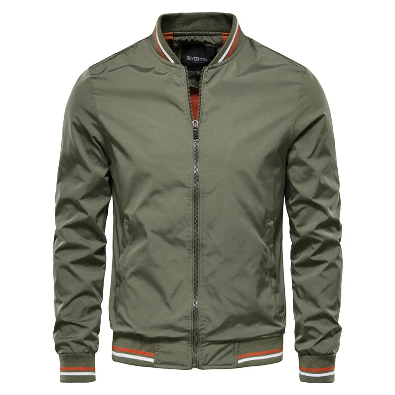 Men's Bomber Jacket with Striped Rib Trim in Green