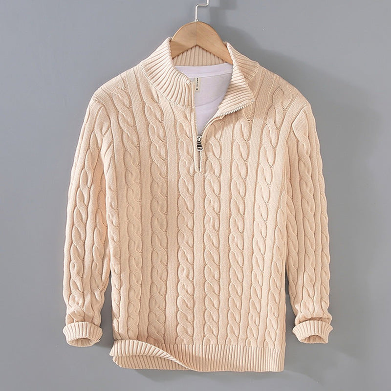 Beige men's cable knit half-zip sweater