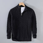 Black men's cable knit half-zip sweater