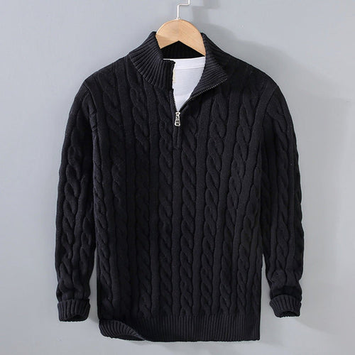 Black men's cable knit half-zip sweater