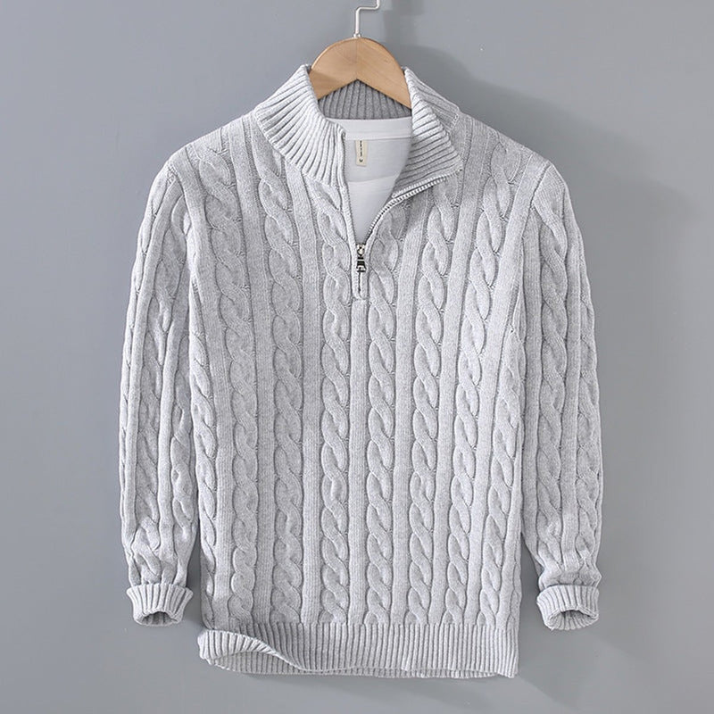 Gray men's cable knit half-zip sweater