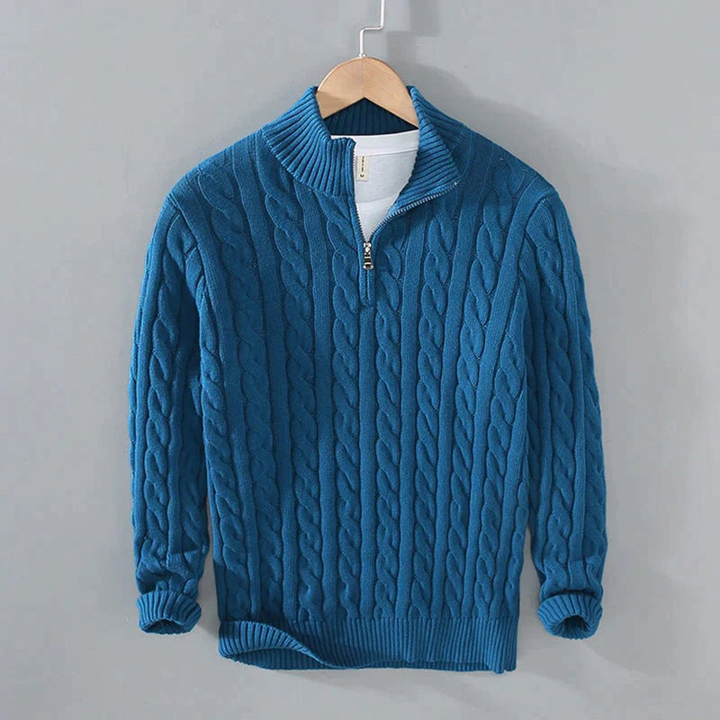 Blue men's cable knit half-zip sweater