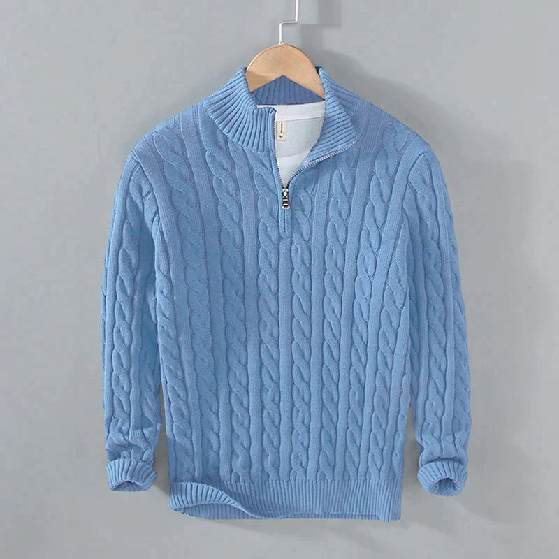 Light blue men's cable knit half-zip sweater