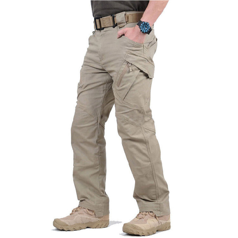 Khaki men's cargo trousers worn with boots