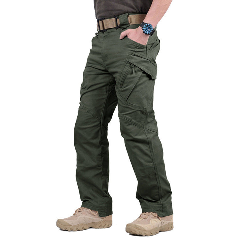 Army green men's cargo trousers, front view