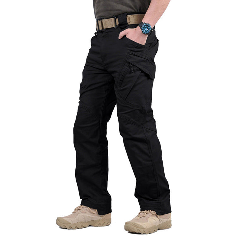 Black men's cargo trousers with side pockets