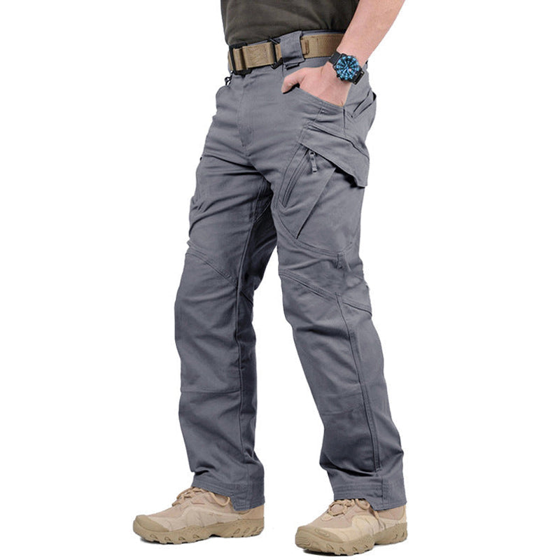 Gray men's cargo trousers with multiple pockets