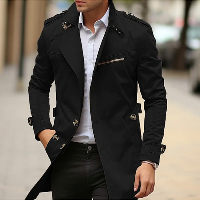 Men's Classic Trench Coat with Epaulettes in Black