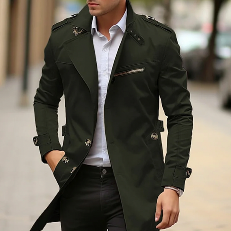 Men's Classic Trench Coat with Epaulettes in Green