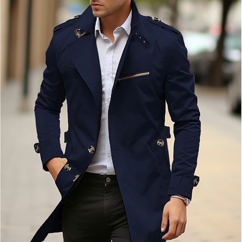 Men's Classic Trench Coat with Epaulettes in Blue